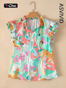 Women's casual floral print blouse with a V-neck tie design and ruffled frill details Shirts Top