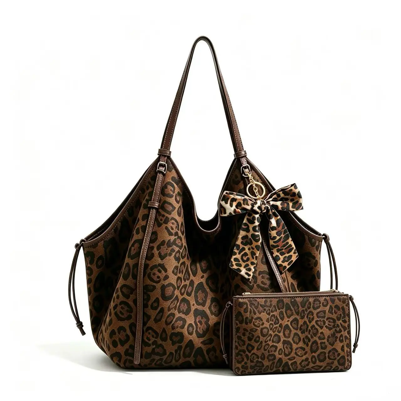 Leopard Print Large Tote Bag with Matching Mini Wristlet, Women Soft Shoulder Hobo Bag with Leopard Bow Charm, Casual Everyday Handbag for Shopping Travel Work