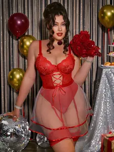 Valentine's Day lace mesh splicing sexy plus size sexy lingerie with steel ring [jumpsuit+skirt+leg ring * 2] 4-piece set Womenswear Red  Halloween lingerieset