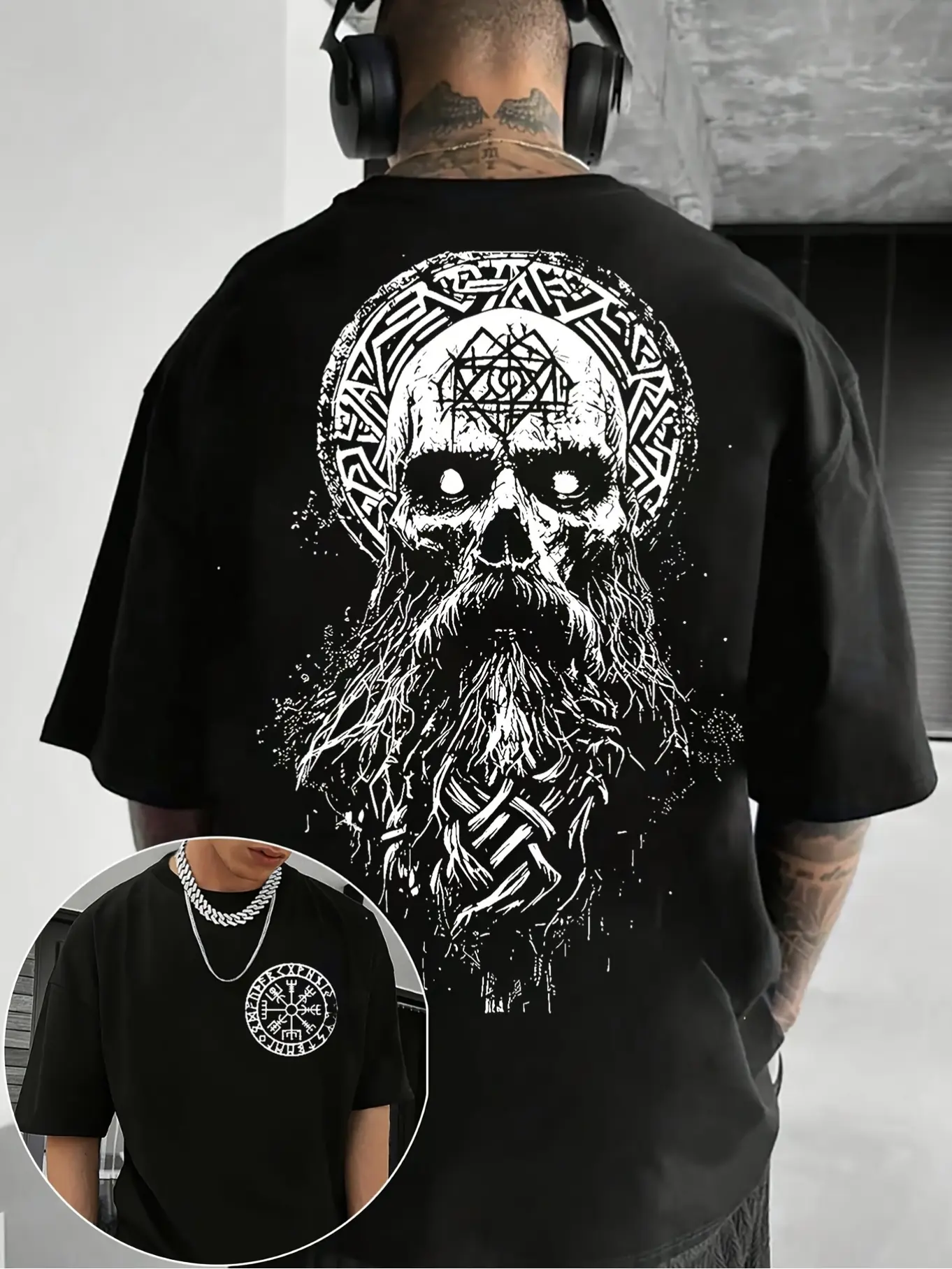 Men's Viking Viking-Themed T-Shirt Pure Cotton Breathable Short Sleeve Shirt with Viking Skull & Beard Print, Loose Fit Casual Gym Wear Suitable for Outdoor Activities, Gym, Everyday Base Layer, Machine Washable Gift, PLUS SIZE