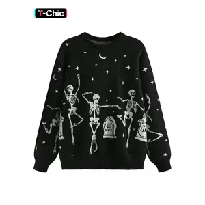 Halloween skull graphic knit silly pullover sweater, vintage fashion colorblock round neck jumper, soft comfortable casual wear, knitted garment, fall winter knitwear