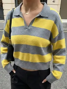 Women's autumn and winter sweet and fashionable loose POLO neck striped long-sleeved casual knitted shirt Knitwear
