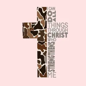Camo Cross Faith Sticker – “I Can Do All Things” Inspirational Decal for Trucks, Hunting Gear & Outdoor Lifestyle, Water Resistant