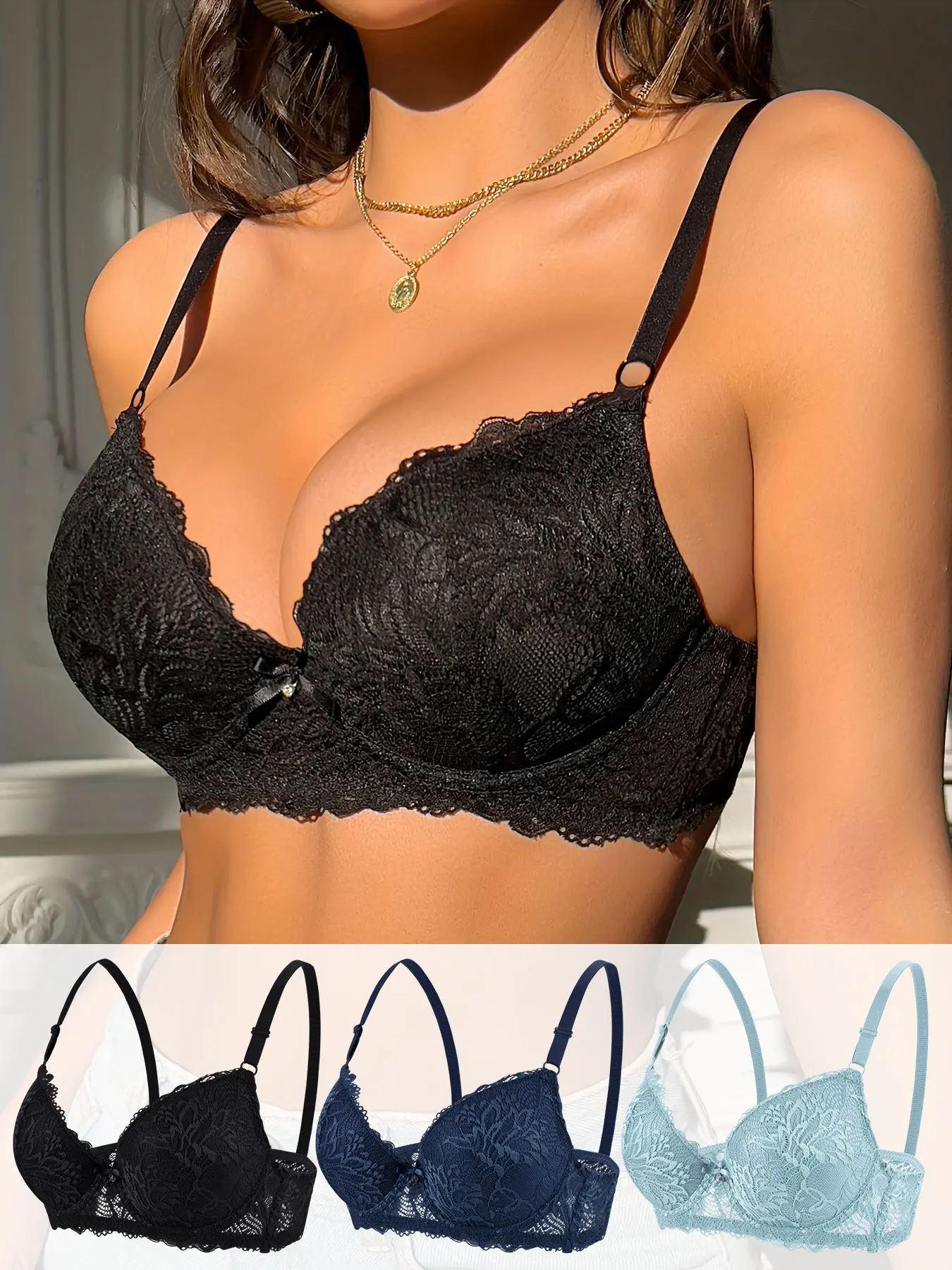 3 Pack Lace Bras for Women Push Up Underwire Padded Cup Bra Sexy Floral Lingerie Side Support Everyday Wear Bra Set
