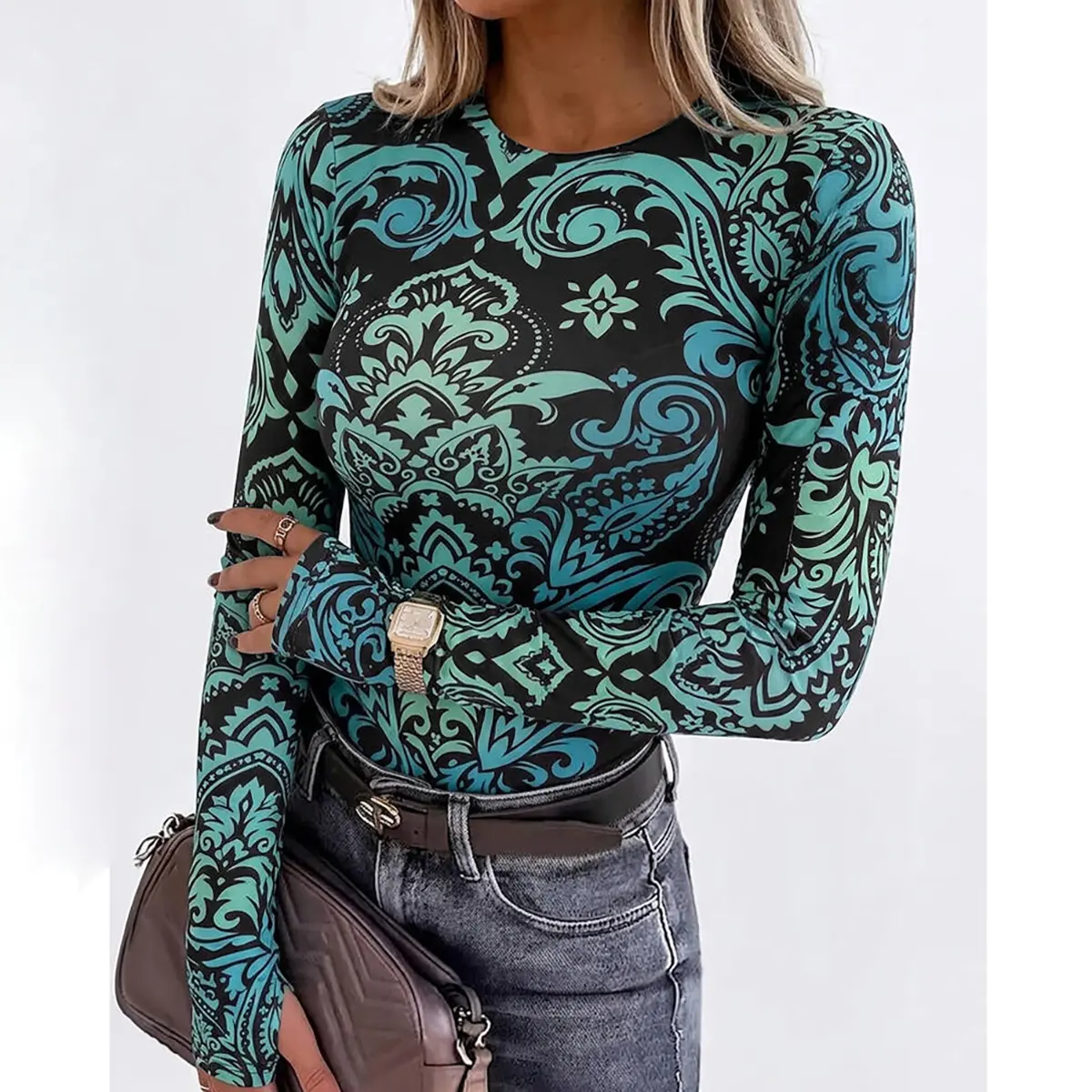 CHICME Women's Vintage Print Long Sleeve Top Slim Fit Crewneck Tee Retro Stretchy Base Layer Shirt with Thumb Holes