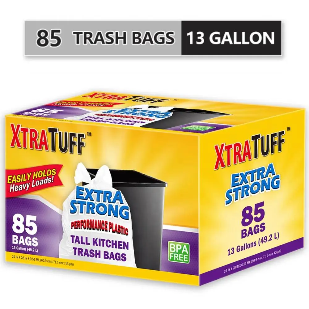 Disposable Trash Bags, 85-Count Box-Packaged Plastic Bin Bags, 13 Gal (Expands to 33 Gal) Puncture-Tear Resistant, Heavy-Duty Home Supplies for Garage, Toilet, Construction Projects & Heavy Loads