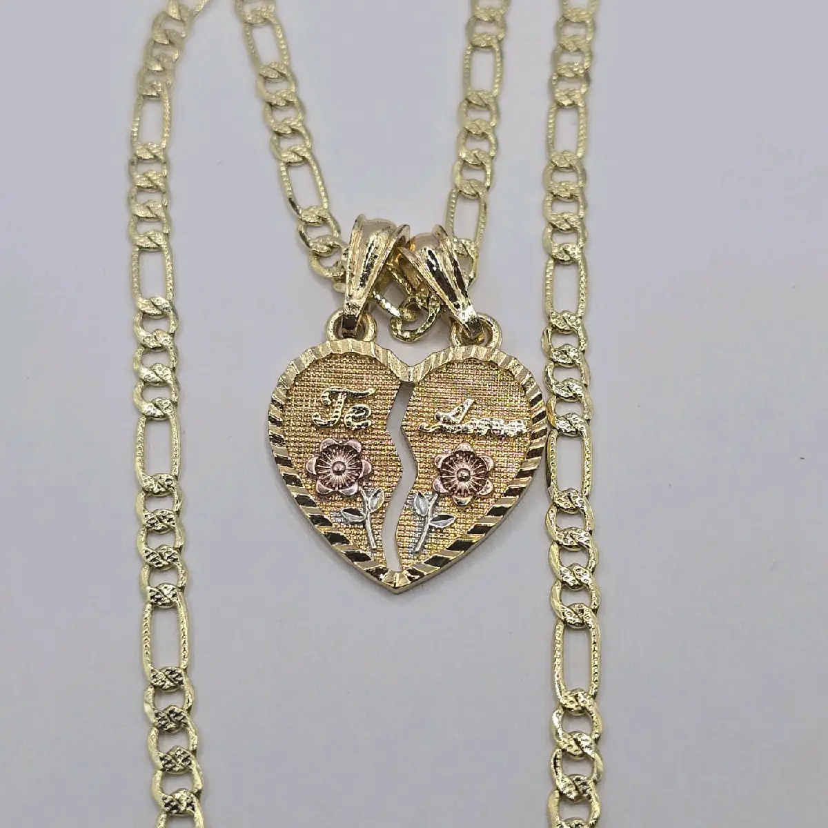 TE AMO Heart pink flowers beautiful necklace figaro style gold-plated 24"inches
