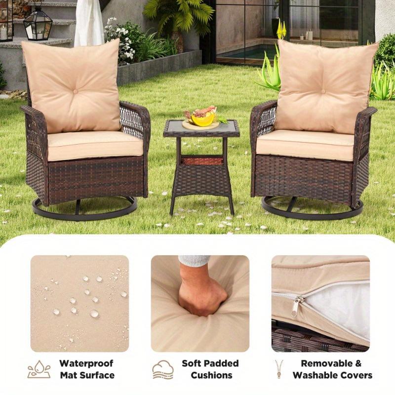 3-Piece Rattan Bistro Set, Patio Furniture Set with 360° Swivel Chairs & Tempered Glass Table, Ideal for Patio, Garden, Beige