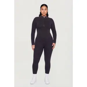 Plus Size Acid Wash Seamless Ribbed Long Sleeve Catsuit