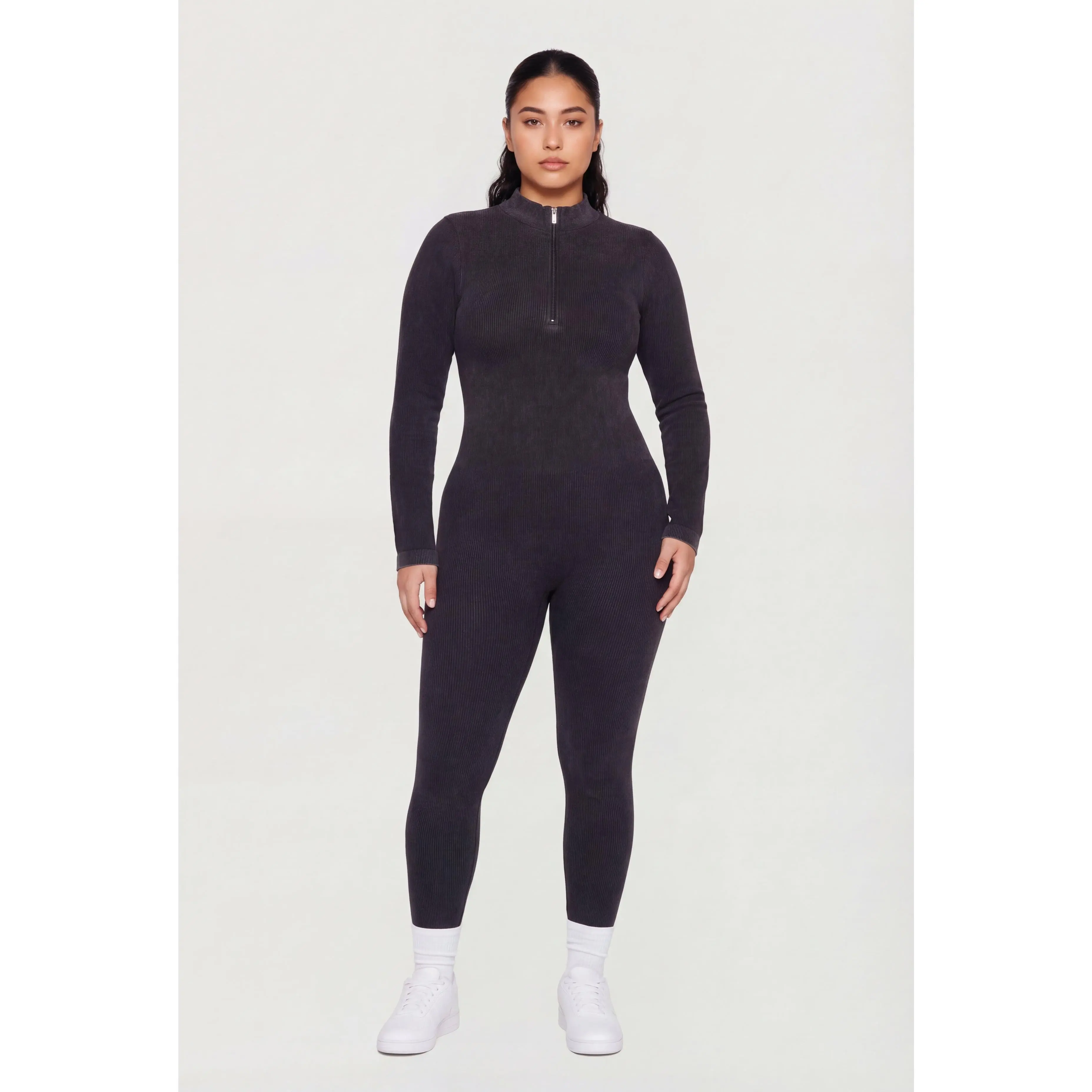 Plus Size Acid Wash Seamless Ribbed Long Sleeve Catsuit