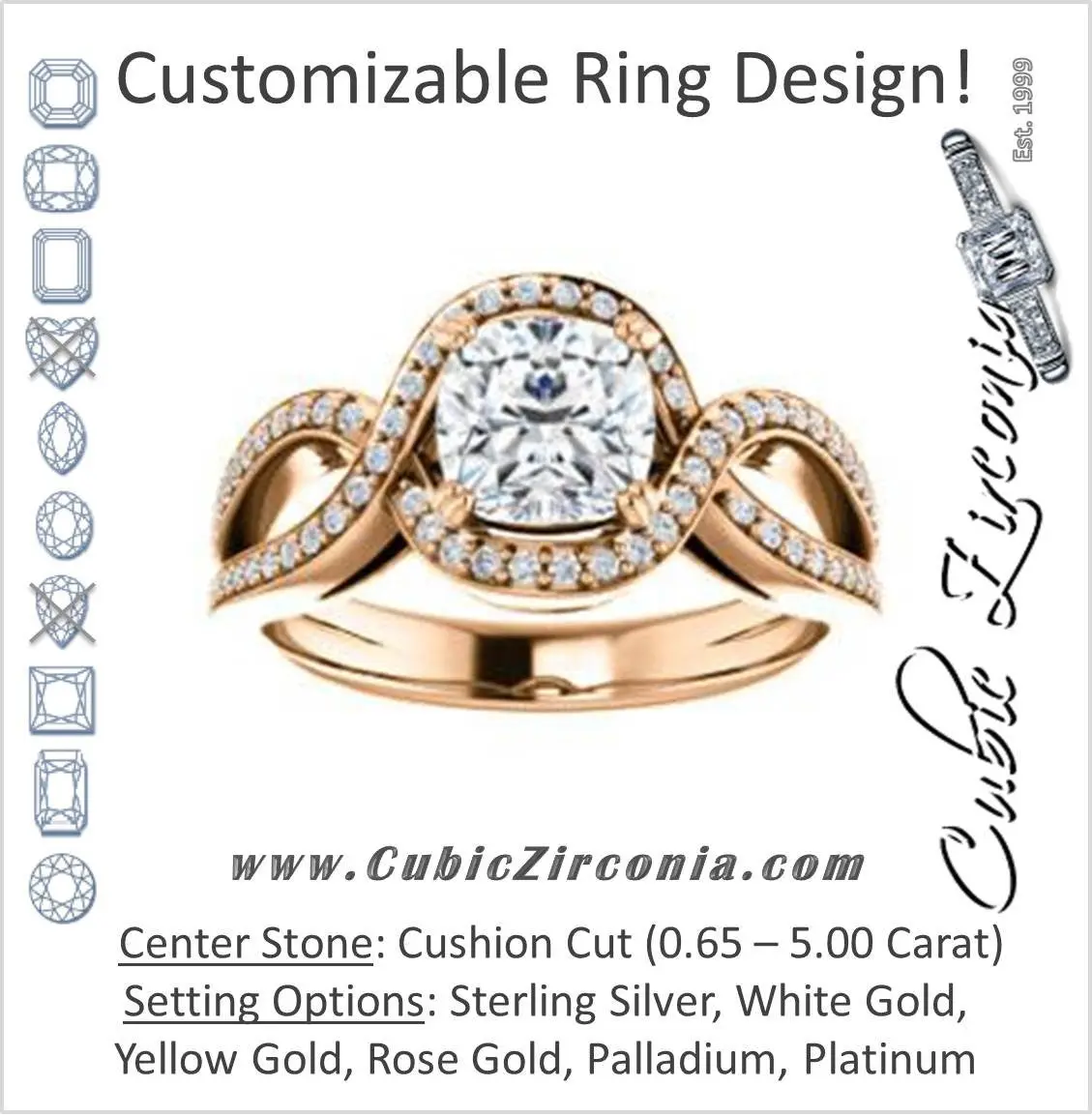 Cubic Zirconia Engagement Ring- The Goldie (Customizable Cushion Cut Center with Twisty Split-Pavé Band and Artisan Halo)