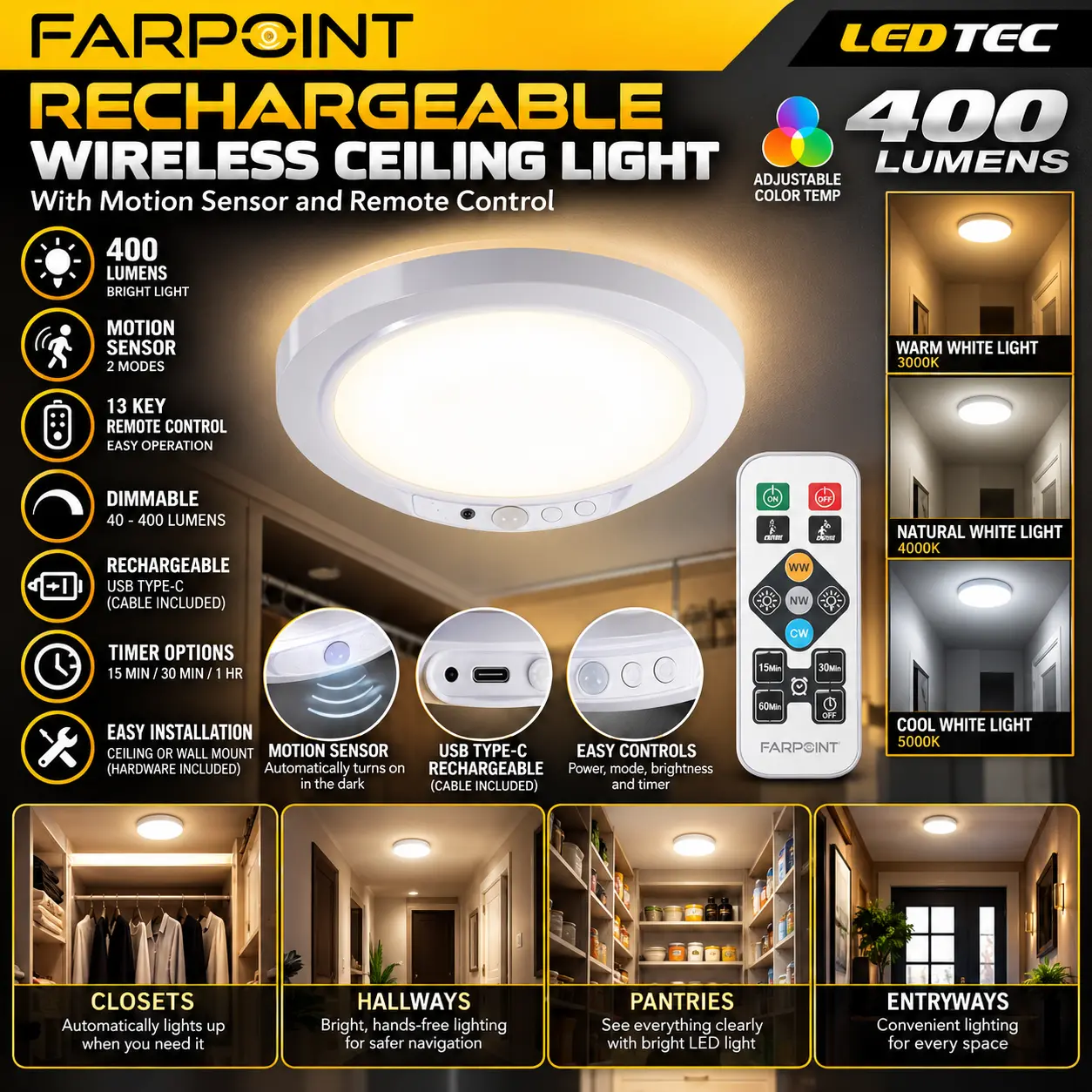 $99.99 MSRP FARPOINT LEDTEC Rechargeable Wireless Ceiling Light – 400 Lumens, Motion Sensor, Remote Control & Adjustable LED Lighting