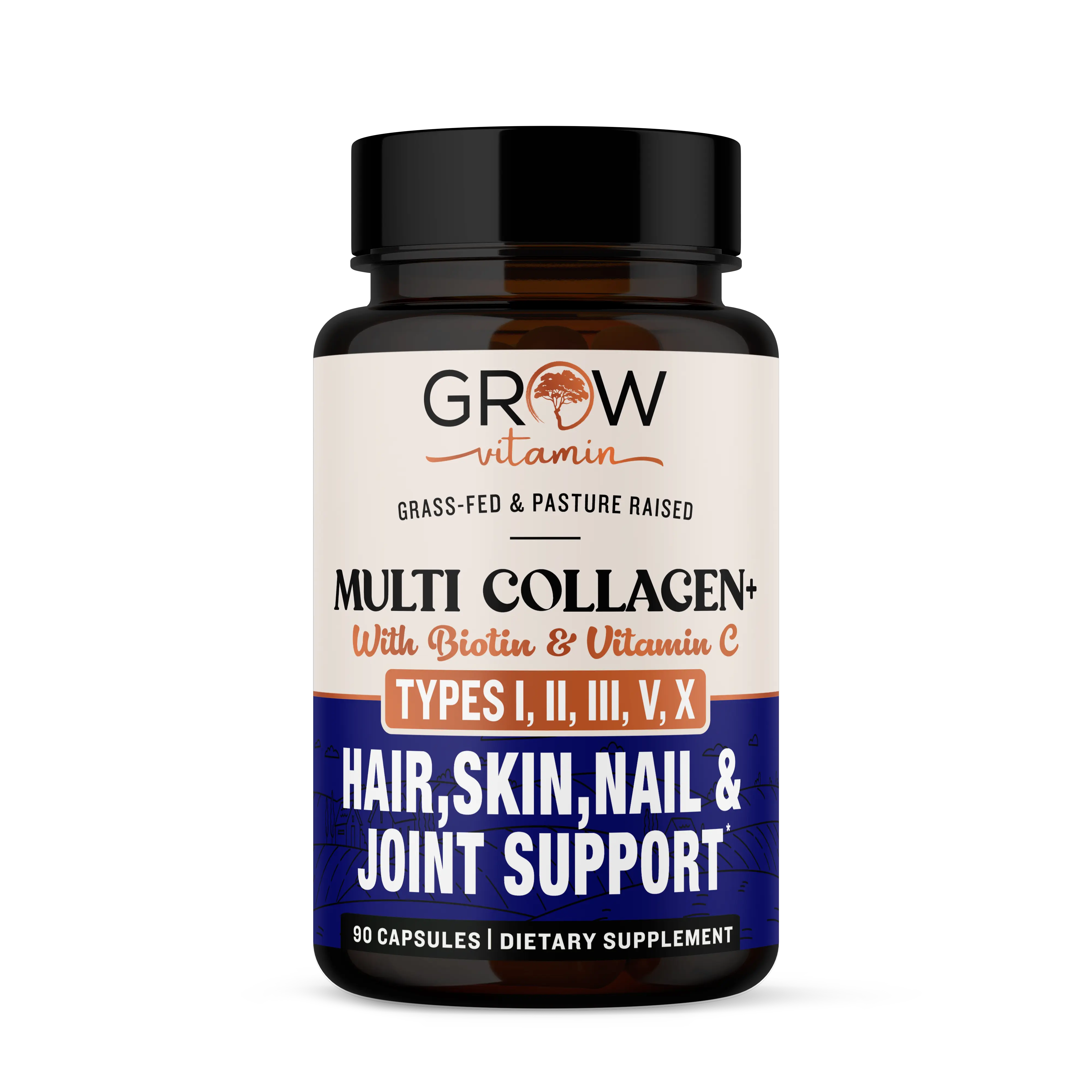 Grow Vitamin Multi Collagen+ Capsules with Biotin, Vitamin C, Types I,II,III,V,X - Hair,Skin,Nail,Joint Support, Skin Care - 90 Count, GMP Certified Premium Collagen Protein Complex Supplement
