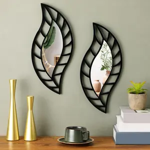 2 count Decorative Mirror Wall Decor Leaf Teardrop Mirror Wall Mounted Decorations for Living Room Bedroom Bathroom  Entryway Office(Black)