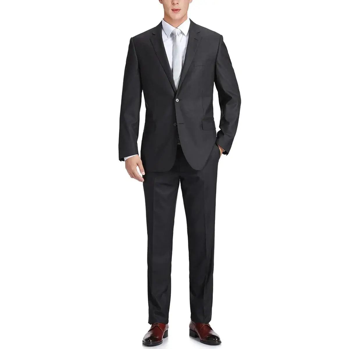 Mens Basic Two Button Slim Fit Wool Suit with Optional Vest in Charcoal Grey