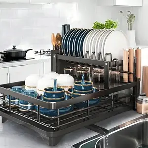 2-Layer Iron Dish Rack, Large-Capacity Storage with Draining Board, Foldable Design, Saves Space, Efficient Plate Storage