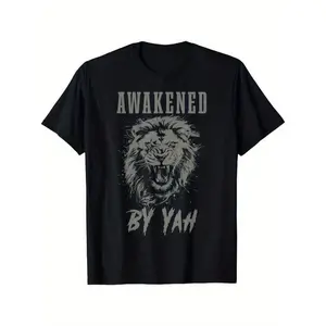 Christian T-shirt Awakened By Yah Hebrew Lion Of Judah Jewish Yahweh T-Shirt Funny Men's Short Sleeve Graphic T-shirt Collection Black PR 220g tokwear Tee