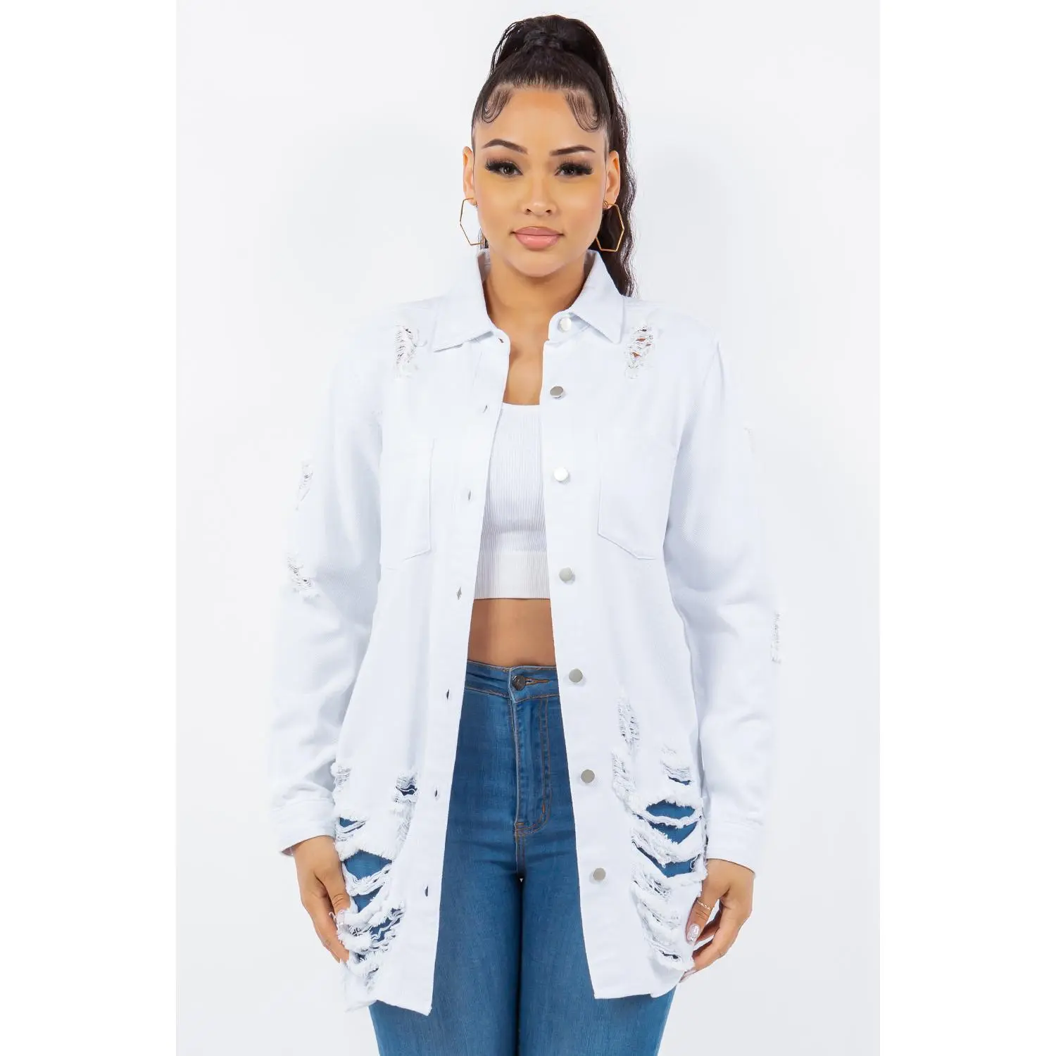 American Bazi Distressed Button Up Long Sleeve Denim Jacket