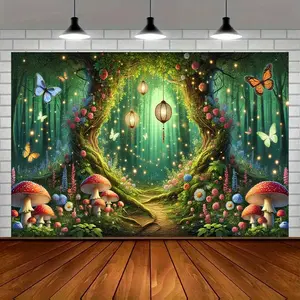Enchanted Forest Polyester Party Banner, 8x6ft Magical Light Design, Multipurpose Room Decor for Holiday, Yard, Studio, Home & Garden Celebrations, Outdoor Backdrop