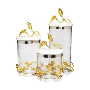 Glass Canister w/Gold Leaf Décor & Marble Lid (Silver)
