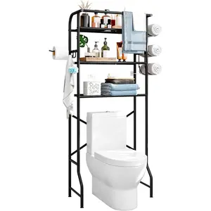 3-Tier Over The Toilet Storage, Space Saver Metal Bathroom Shelves, Freestanding Above Over Toilet Storage Shelf with 4 Hooks for Bathroom Deals For You Days