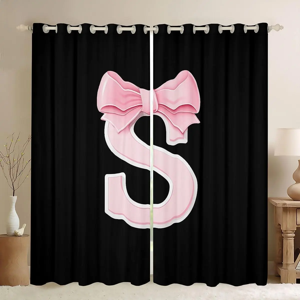 Kawaii Pink Bow Window Drapes,Gifts for Women,(2 Panels),Monogrammed Curtain,Personalized Initial Letter S Blackout Shades Modern Fashion,Darkening Curtain