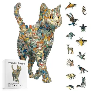 501pcs Colorful Cat Art Wooden Jigsaw Puzzle, Irregular Pieces Pet-Themed Board Game, Fun Puzzle Toys for Festivals & Halloween Gifts