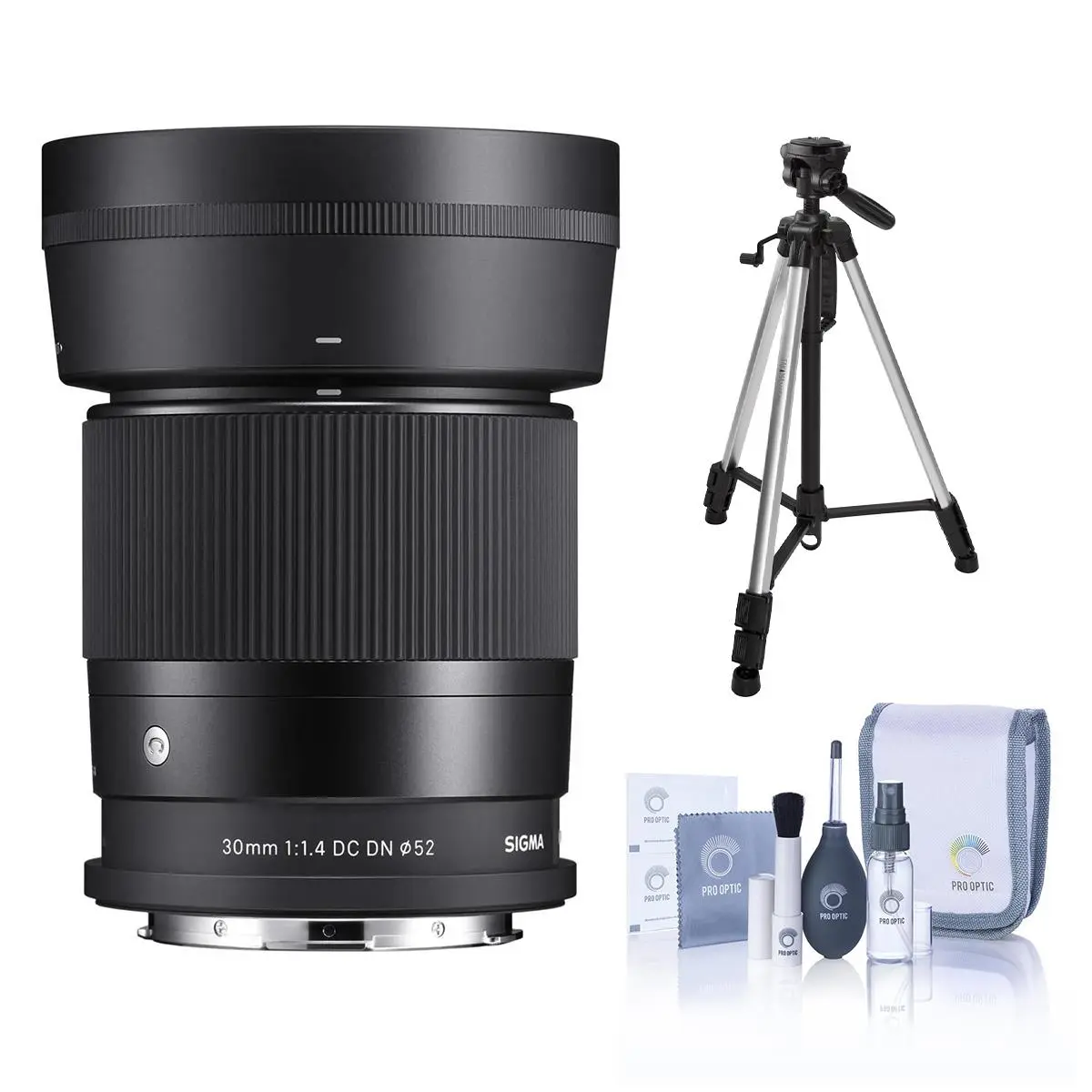 Sigma 30mm f/1.4 DC DN Contemporary Lens for L Mount, Bundle with 3-Section Tripod, Cleaning Kit