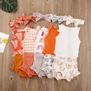3PCS Unisex Baby Summer Outfits Sleeveless Solid/Print/Plaid Romper High Waist Shorts Headband Boys Girls Casual Clothes