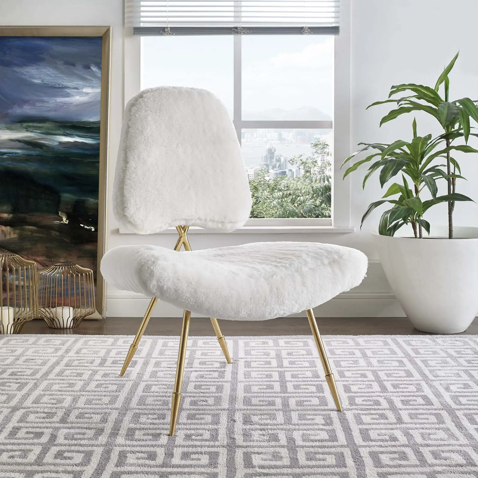 Modway Ponder Upholstered Sheepskin Fur Lounge Chair in White