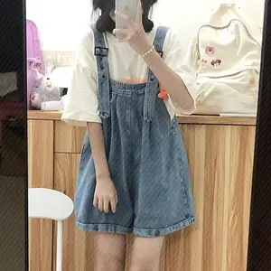 Denim Overalls Shorts for Women Spring Korean Style New Cute Youthful Petite Loose Wide Leg Pants Ins