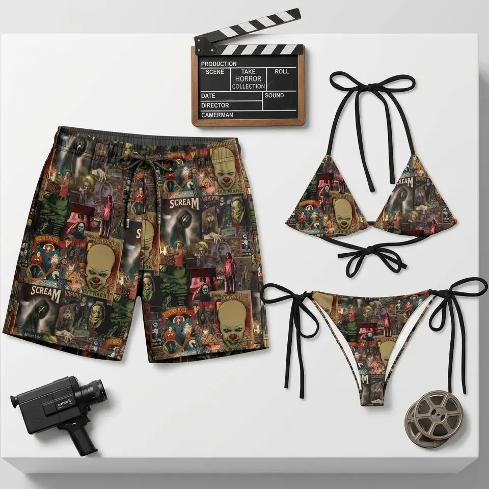 Matching Couple Horror Lover Retro Gothic Swimwear Set – Gothic Horror Print Bikini & Men’s Swim Trunks, Halloween Aesthetic Beachwear, Alternative Summer Outfit