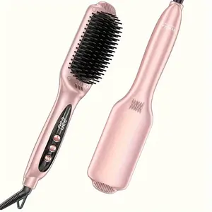 LANDOT Hair Straightener Brush Heated Straightening Brush: Rose Gold Negative Ion Hot Hair Brush For Smooth Frizz Free Hair - Ceramic Flat Iron Brush - Dual Voltage Fast Heating