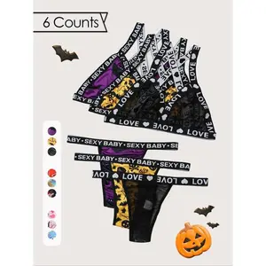 Plus Size 2pcs Halloween Themed Sexy Contrast Letter Tape Criss Cross Cut Out Bra & Panty Lingerie Set, Punk Style Comfortable Breathable Cozy Soft Stretchy Wireless Bra & Thong for   Fall, Lady Underwear Set, Womenswear