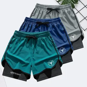 Men’s casual loose-fit quick-dry athletic shorts set of 3; elastic waistband and drawstring workout training shorts; lightweight sports running shorts; breathable tight squat training shorts; summer gym wear