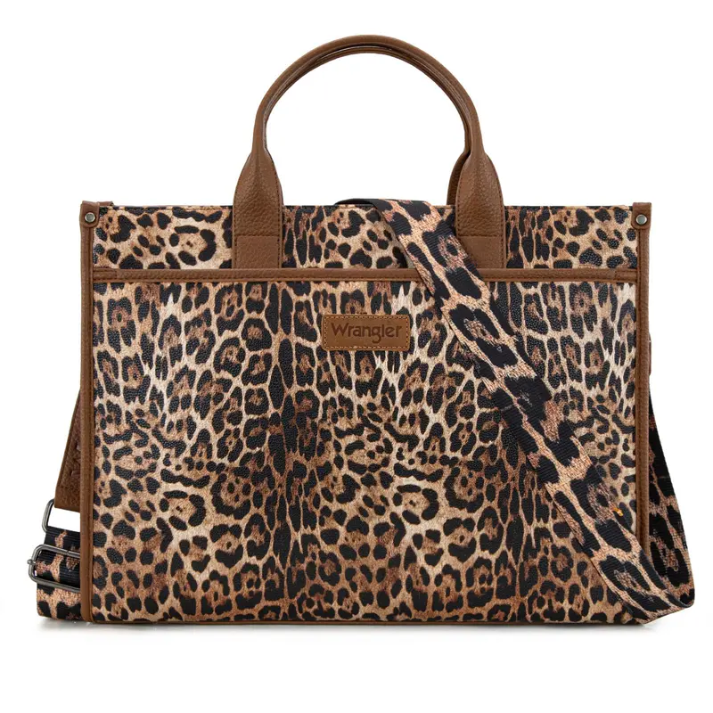 Wrangler Heavy-Duty Carry-All Large Capacity Tote Work Laptop Bag with Leopard Print & Detachable Strap for Women's Commute & Everyday Use - Commuter Purse