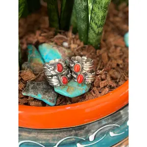 Handcrafted Sterling Silver Stout Feather Rings with Mediterranean Coral, Signed KM