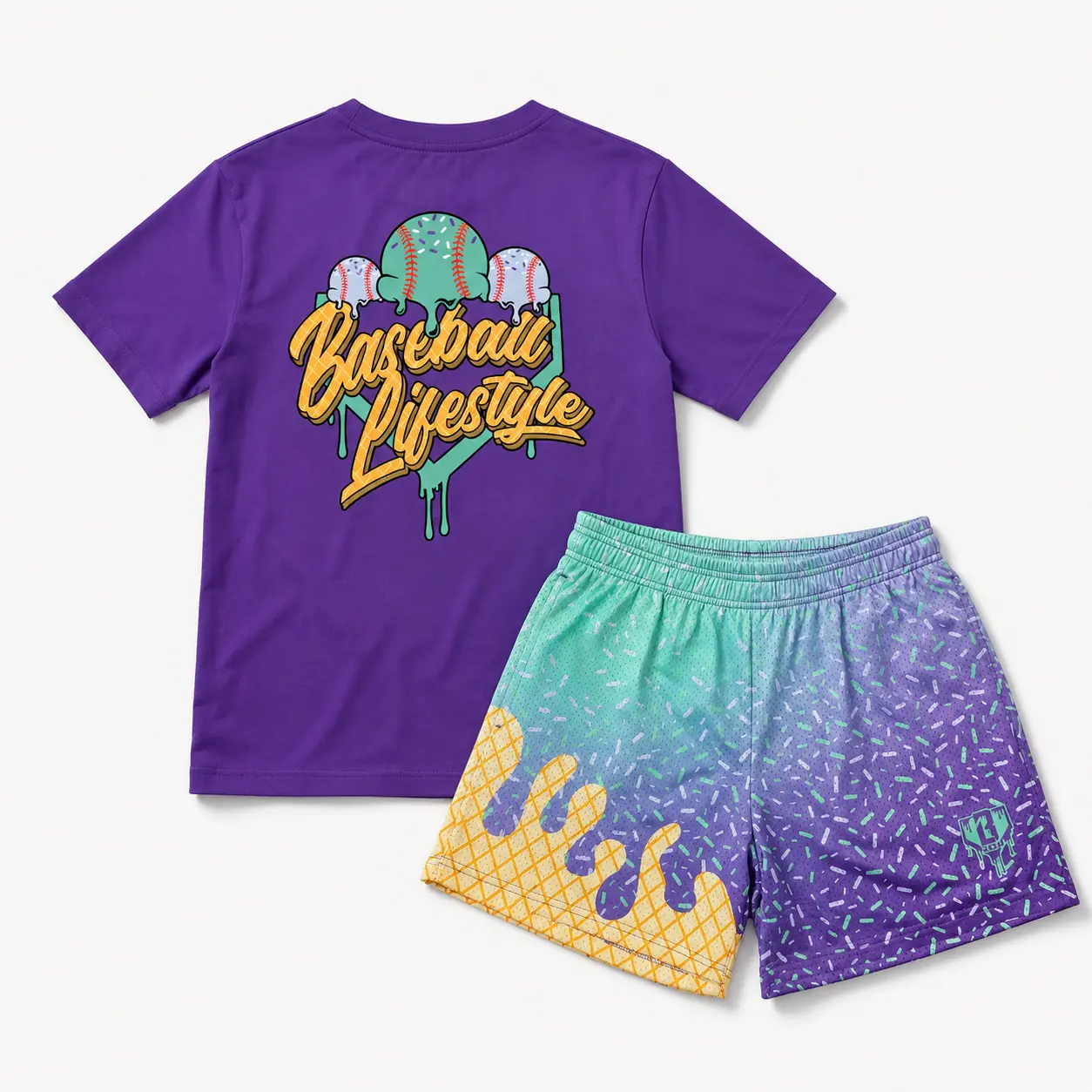 Perfect Pair Ice Cream Galaxy Grape Tee & Short, Baseball Lifestyle 101 Set Outfit For Youth– Matching Baseball Streetwear Outfit, Youth & Adult Sizes, Colorful Game Day Set