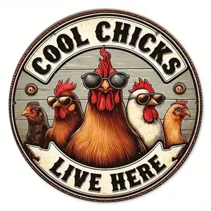Vintage Round Chicken Coop Sign Cool Chickens Live Here Funny Farmhouse Decor Plaque 8x8 Inch with Pre Drilled Holes for Easy Hanging Perfect Outdoor Hen House Gift for Garden Room Wall Decor