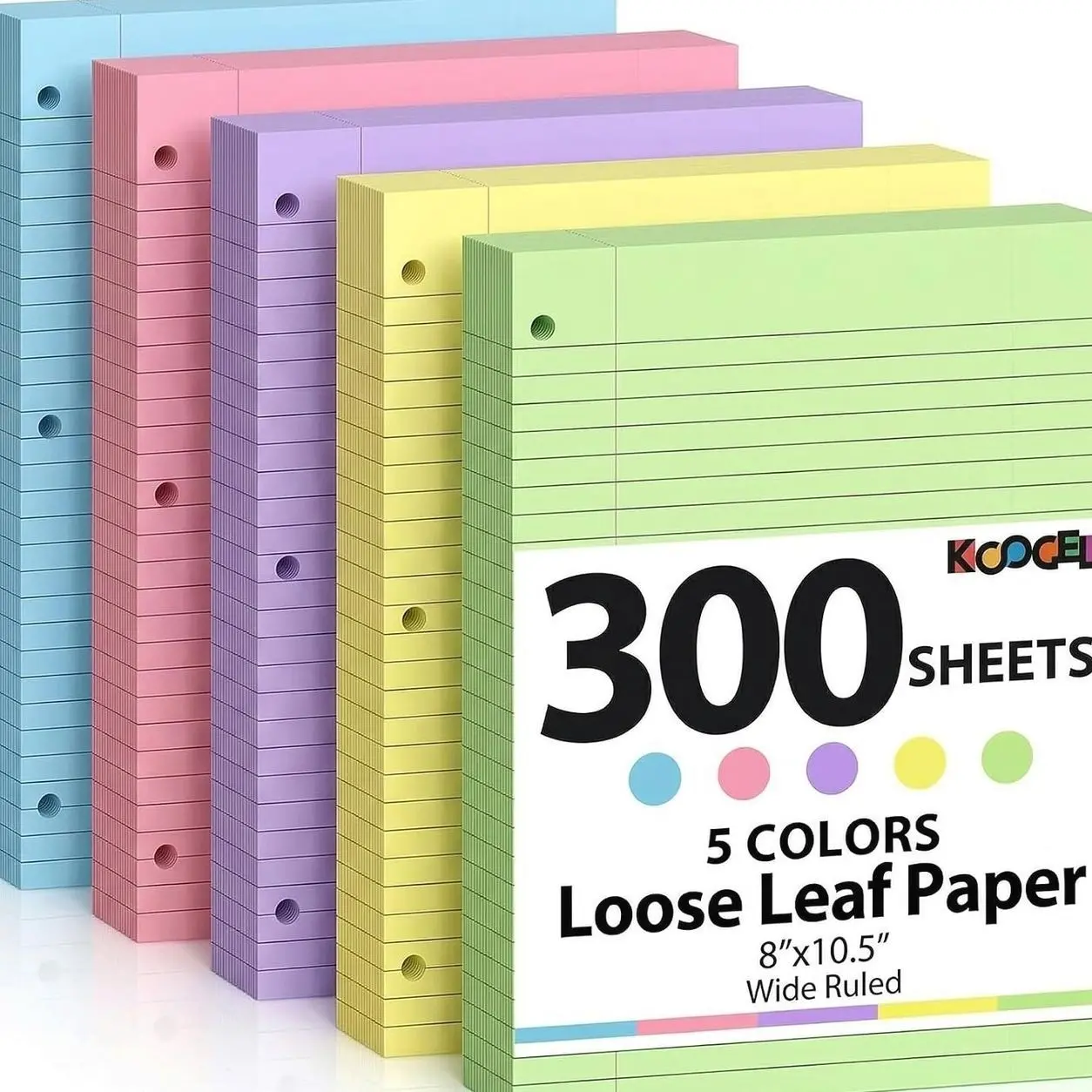 Koogel 500 Sheets Colored Filler Paper, 5 Colors 8 x 10-1/2 Inch Wide Ruled, 3-Hole Punched, Loose Leaf Notebook Paper for 3 Ring Binders, for Students & Office, School Supplies