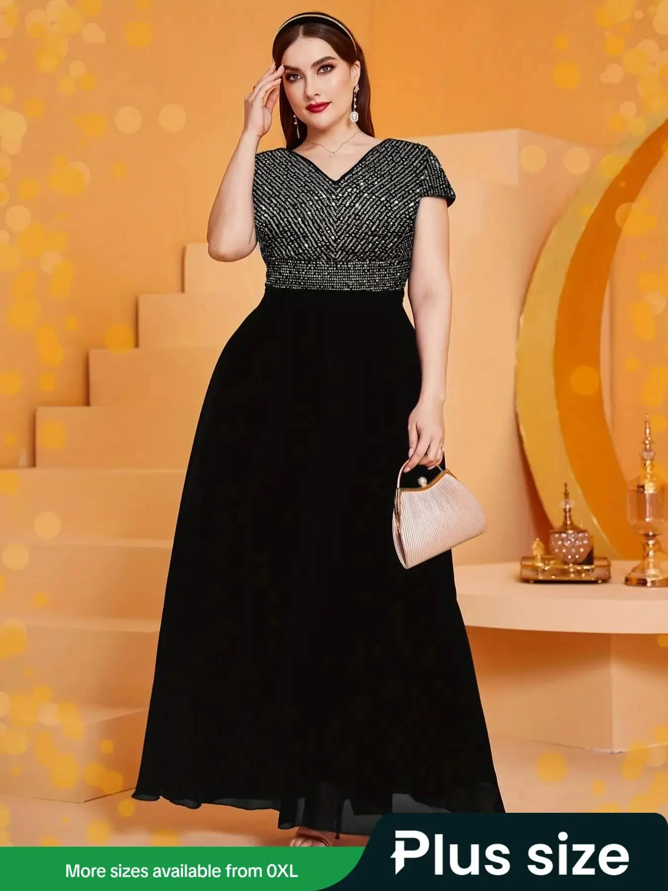 Plus Size Contrast Sequin V Neck A Line Dress, Summer Clothes Women, Plus Elegant Cap Sleeve Bridesmaid Chiffon Long Dress for Party Wedding Guest, Wo