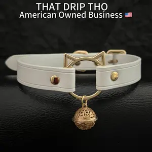 ThatDripTho The Pleased Kitten Collar for Women, Kitten Head Leather Choker Necklace with Bell, Adjustable Leather Collar, Cute Cat-Themed Accessory for Daily Wear, Playful Cat Jewelry, Pet Lover Accessory