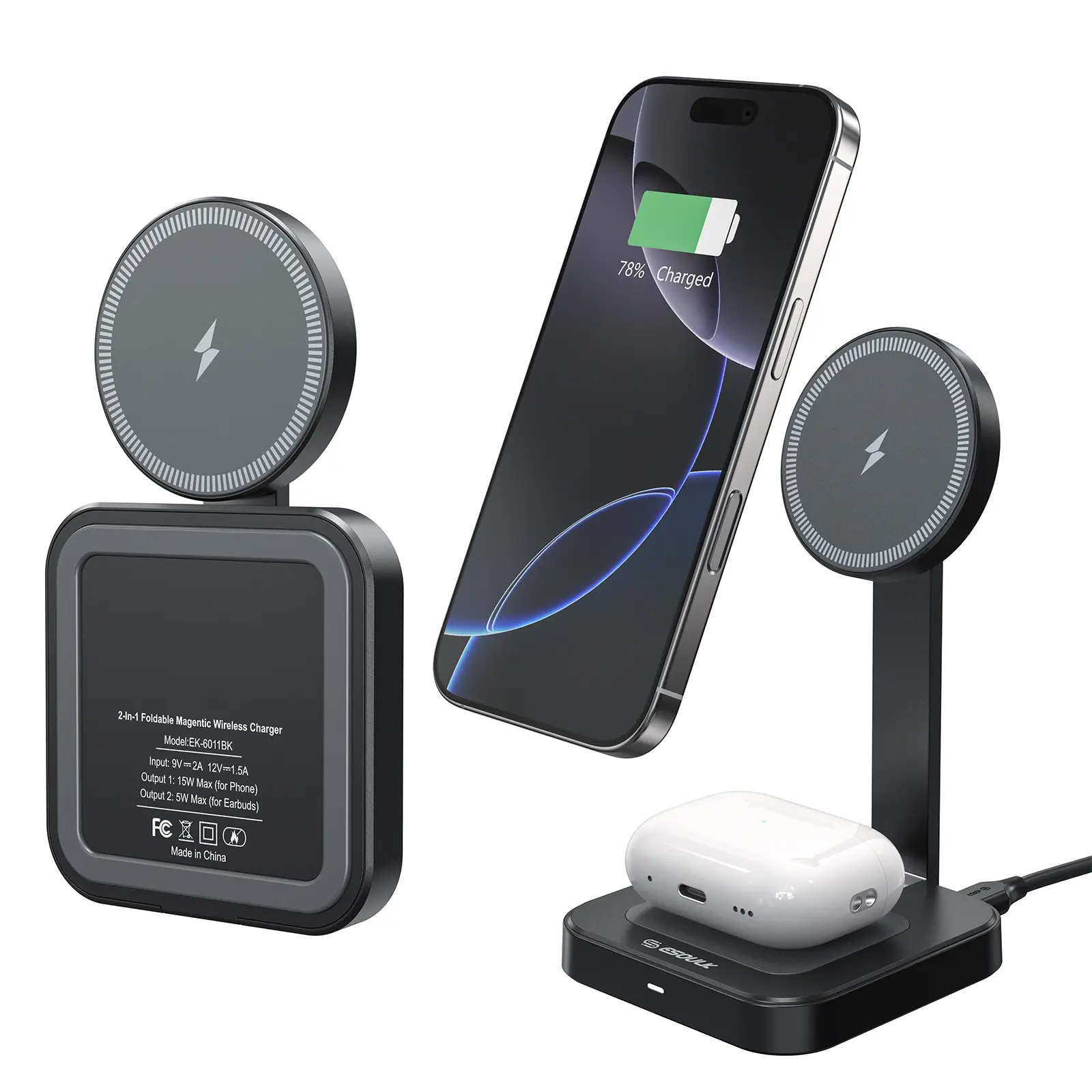 Esoulk 2 in 1 foldable Magnetic Wireless Charger phone Holder for Phone and iPod