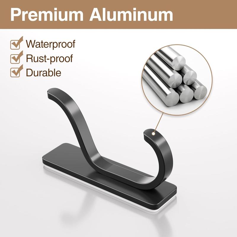 Adhesive Wall Hooks for Towels Coats - Stick On Hooks Hanging Heavy Duty (13lb), Metal Hook for Door, Bathroom, Dorm, Closet - Hanger for Purse, Bag, Robe,Backpack - No  to Wall - Black 4 Pack