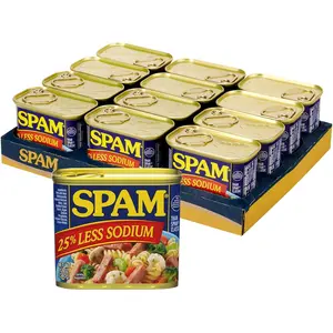 SPAM 25% Less Sodium Canned Meat for Cooking Camping Emergency Ready-to-Eat Protein Food 12oz x12 Pack Reduced Sodium Healthier Choice High Protein Long Shelf Life Quick Easy Meals Family Friendly Everyday Convenience
