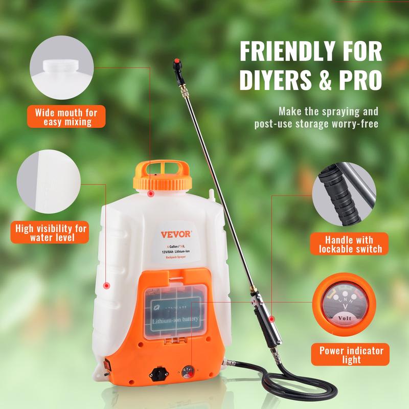 VEVOR Battery Powered Portable Backpack Sprayer, 0-90 PSI Adjustable Pressure, 4 Gallon Tank, Back Pack Sprayer with 8 Nozzles and 2 Wands, 12V 8Ah Battery, Wide Mouth Lid for Weeding, Spraying, Cleaning VEVOR Super Brand Day  VEVOR Super Brand Day
