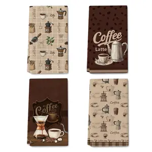 Coffee Kitchen Towels Decorative Set of 4, Brown Dish Towels Soft Absorbent Cute Tea Towel Hand Towel for Coffee Bar Drying Cleaning Kitchen Decor