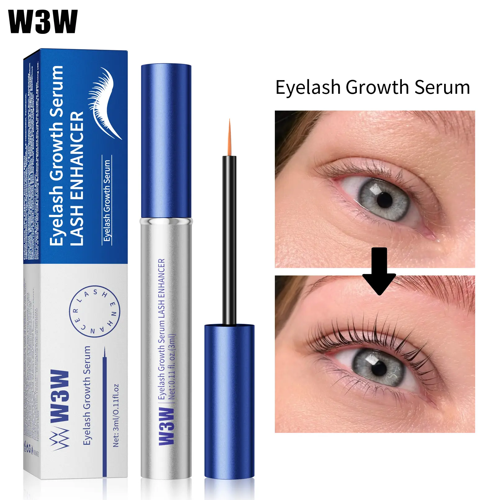 W3W Volumizing Eyelash Growth Serum, Eyelash Enhancer for Longer, Thicker Lashes, Naturally Derived Vegan & Cruelty-Free Treatment, 3 mL Tube