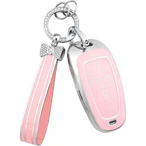 Key Fob Cover for Hyundai Sonata Fe Cruz Tucson Sonata Palisade Ioniq 5 Button Pink Car Remote Keys Case Shell Protector Bling Keychain Accessories Girly Women TPU