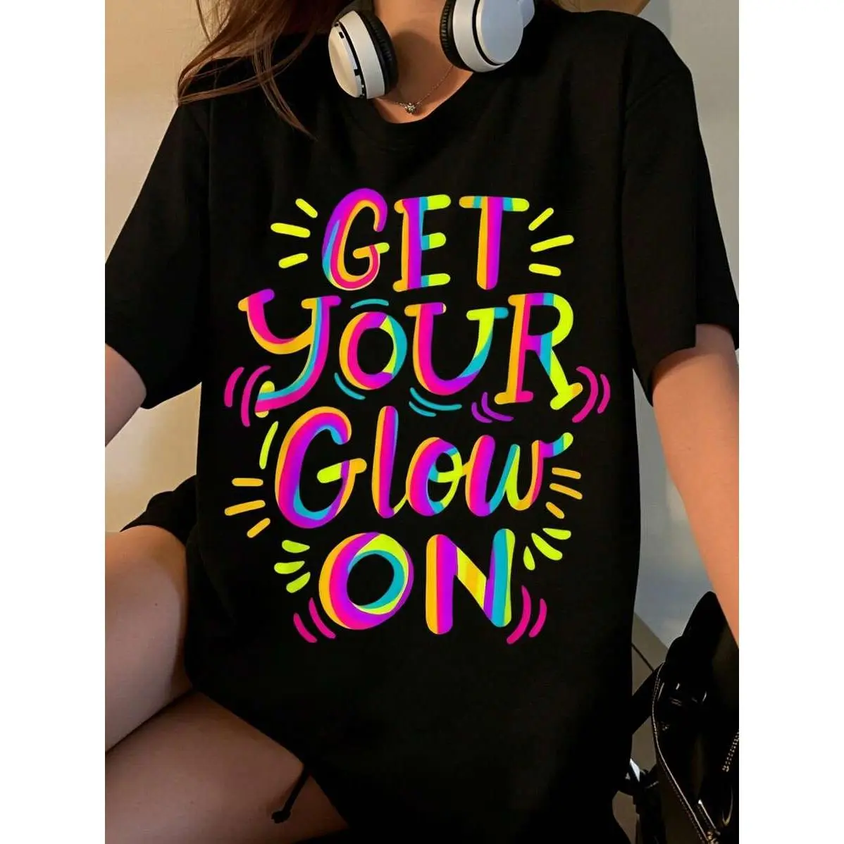 Get Your Glow On Colorful Neon T-Shirt For Women Summer Casual Wear Party Outfit Fun Statement Tee With Vibrant Rainbow Print Perfect For Festivals Concerts And Nightlife Events